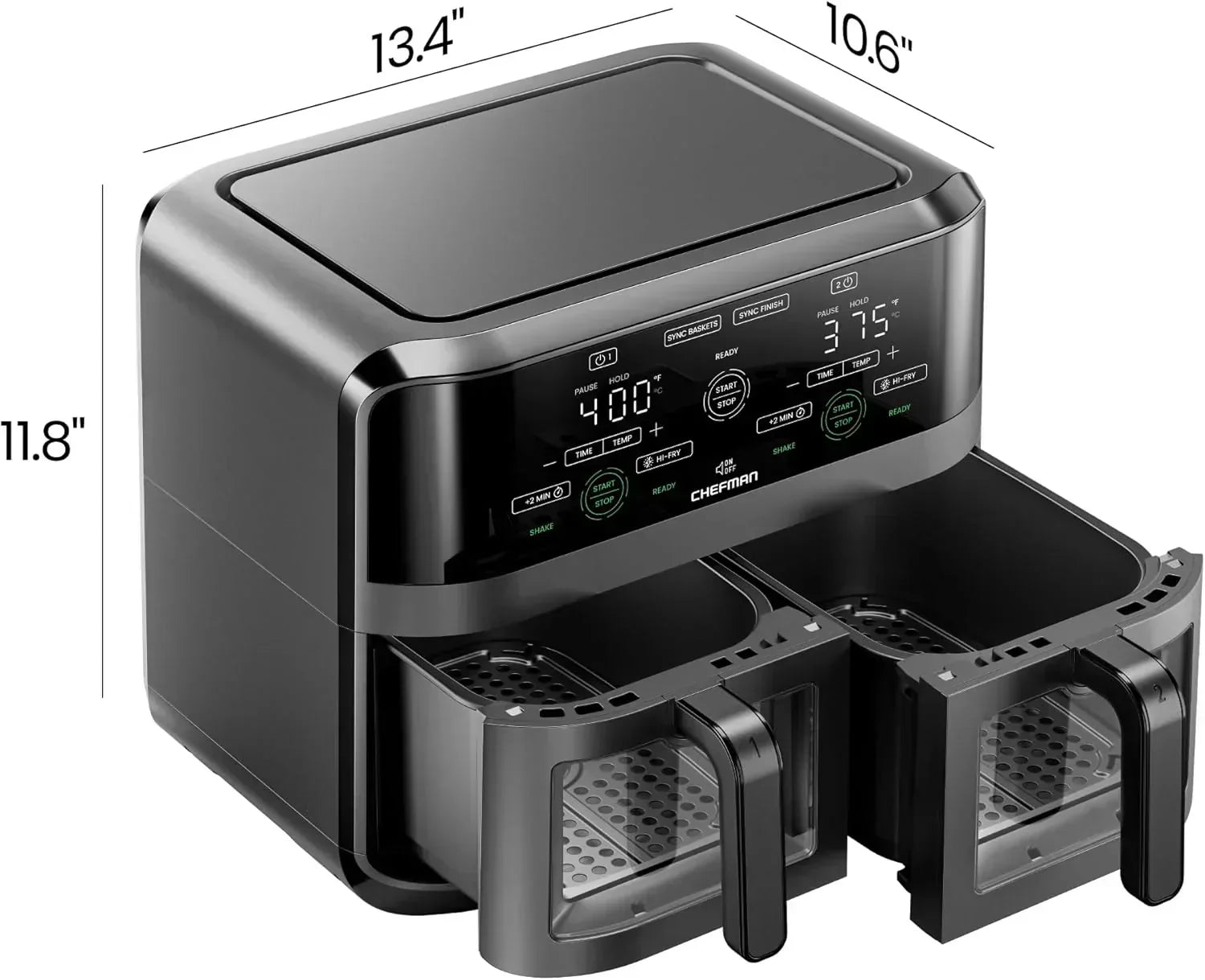 Chefman 6-Quart Double Basket Air Fryer Easy View Window uses two separate nonstick pans wourant