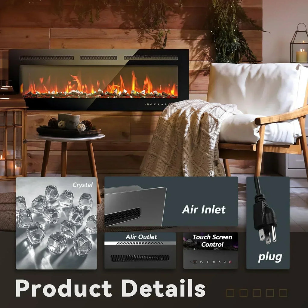 EUHOMY 50 Inch Electric Fireplace Wall Recessed Adjustable Flame Color Fireplace Heater wourant