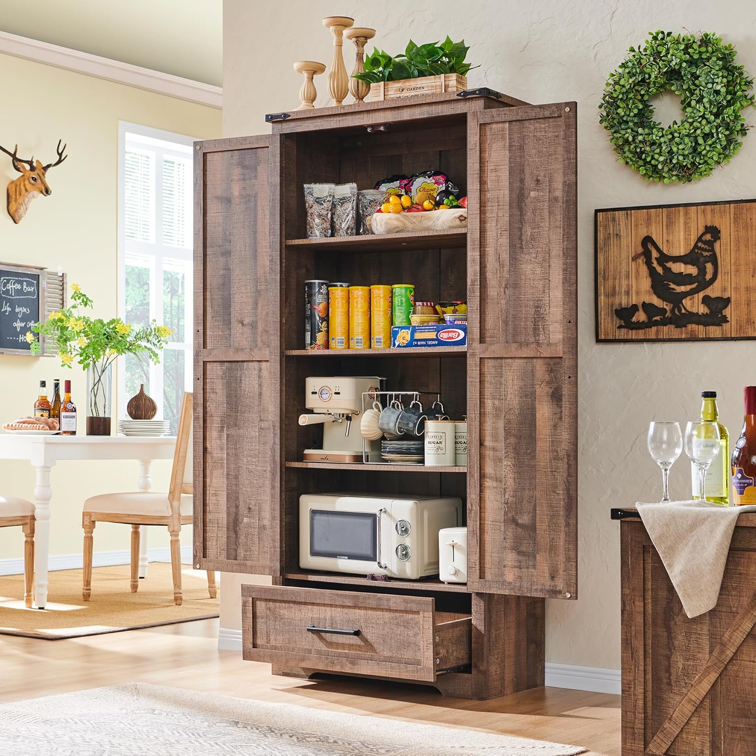 JXQTLINGMU Farmhouse Kitchen Pantry 72" Tall Wood Kitchen Storage Cabinet Adjustable Shelves wourant