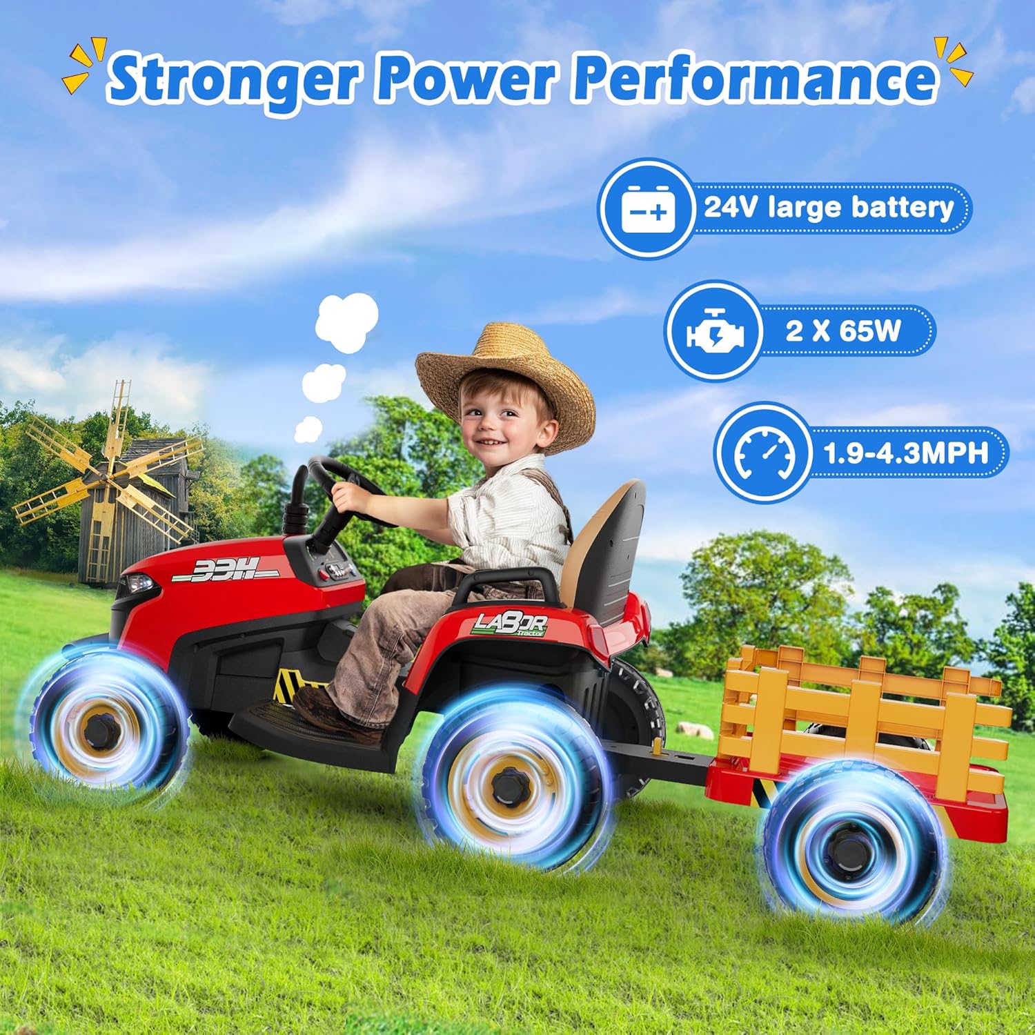 24V Ride On Tractor Tiltable Detachable Trailer 2x65W Motors EVA Tires Remote Control wourant