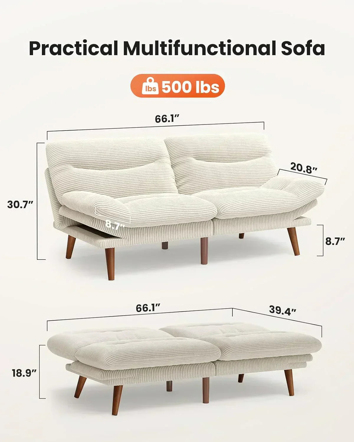 Convertible Futon Sofa Bed 66 Inch Corduroy Futon Sofa Recliner Sofa Bed for Small Spaces wourant