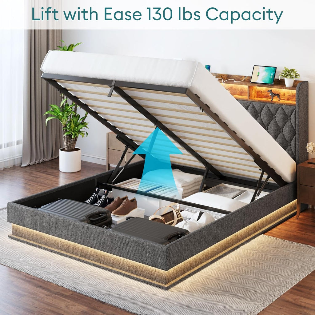 Queen Bed Frame with Storage Lift Up Queen Size Bed Frame Headboard Upholstered Platform Bed wourant