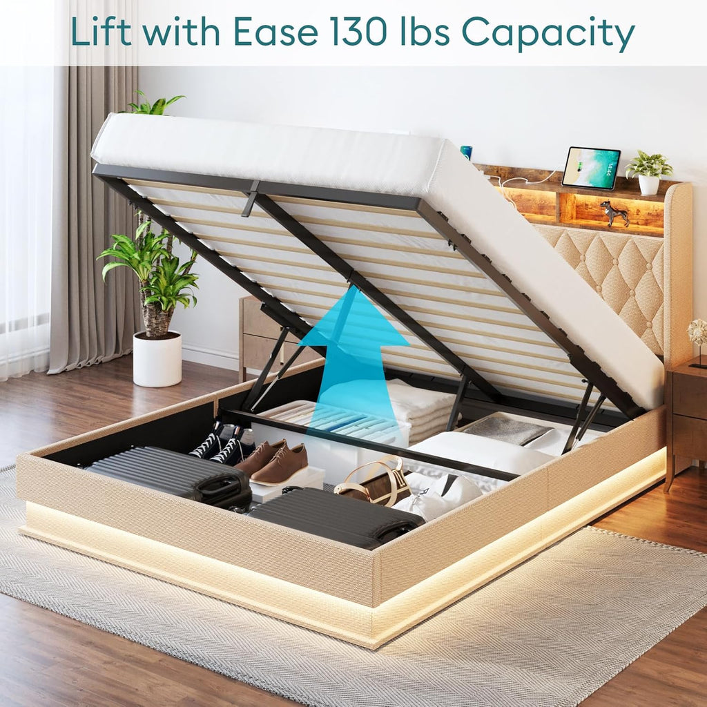 Queen Bed Frame with Storage Lift Up Queen Size Bed Frame Headboard Upholstered Platform Bed wourant