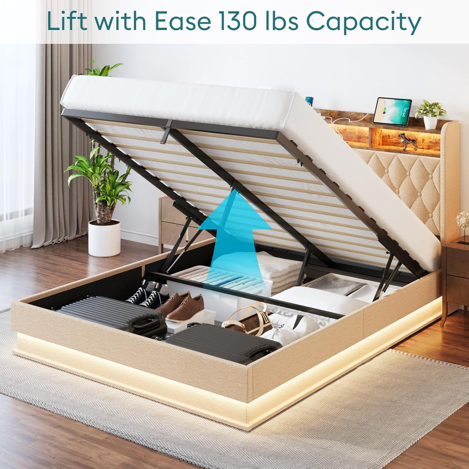 Queen Bed Frame with Storage Lift Up Queen Size Bed Frame Headboard Upholstered Platform Bed wourant