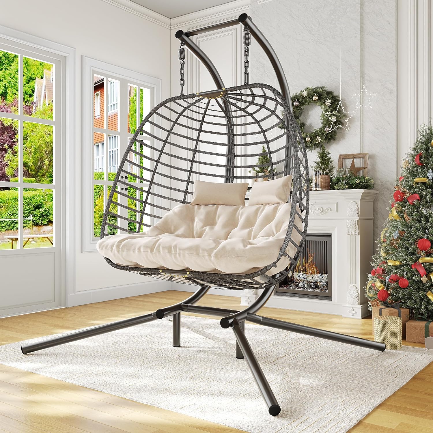 HWB Hanging Egg Chair with Stand Patio Wicker Hammock Egg Swing Chair Cushion for Bedroom wourant