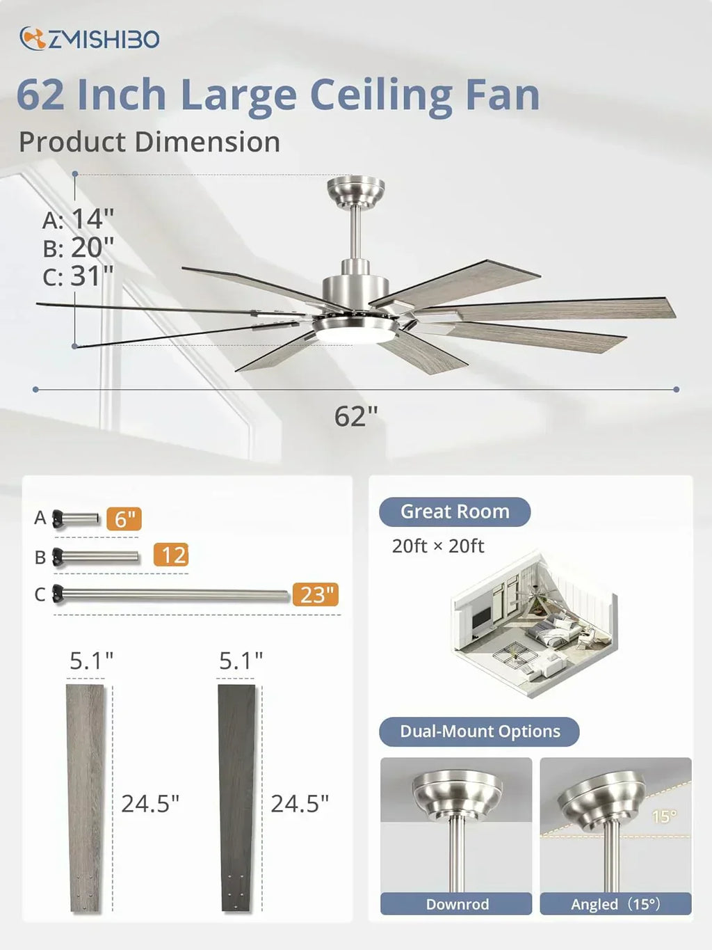 Zmishibo 72-inch large ceiling fan with lighting and remote indoor/outdoor wourant