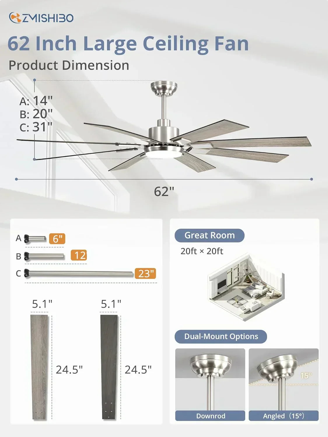Zmishibo 72-inch large ceiling fan with lighting and remote indoor/outdoor wourant