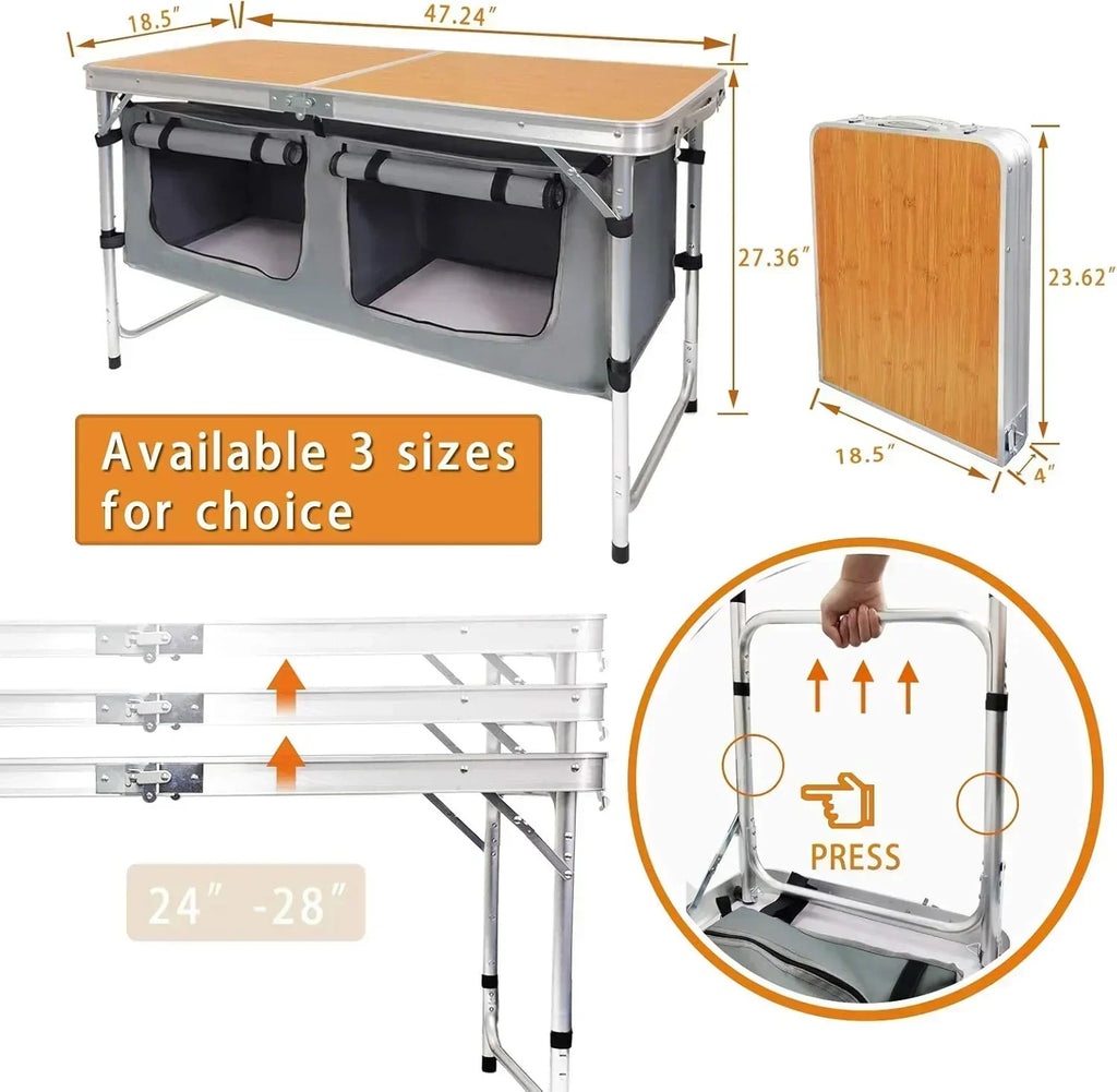Outdoor Folding Table Aluminum Lightweight Height Adjustable with Storage Organizer wourant