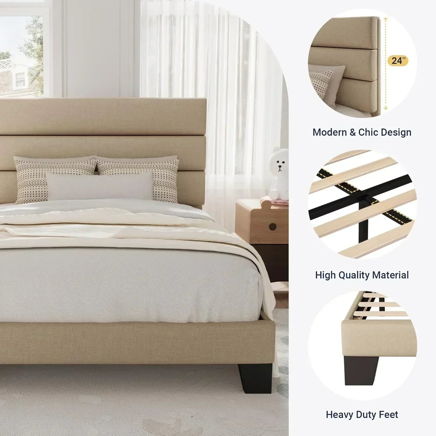 Allewie King size platform bed frame with velvet upholstered headboard and planks wourant