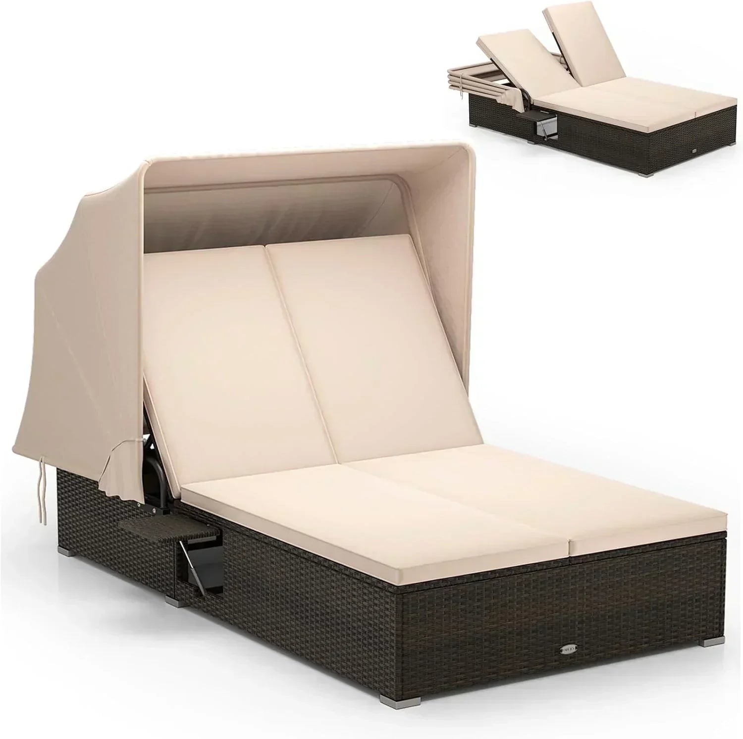 RELAX4LIFE Outdoor Daybed Retractable Canopy Wicker Double Chaise Lounge 6-Position Backrest wourant