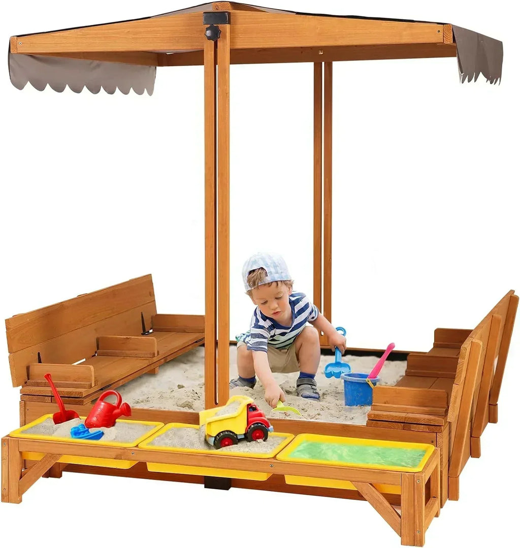 Kids Wooden Outdoor Sandbox Canopy 2 Foldable Bench Seats Retractable Roof Sand Protection Liner wourant
