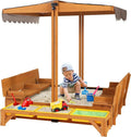 Kids Wooden Outdoor Sandbox Canopy 2 Foldable Bench Seats Retractable Roof Sand Protection Liner wourant