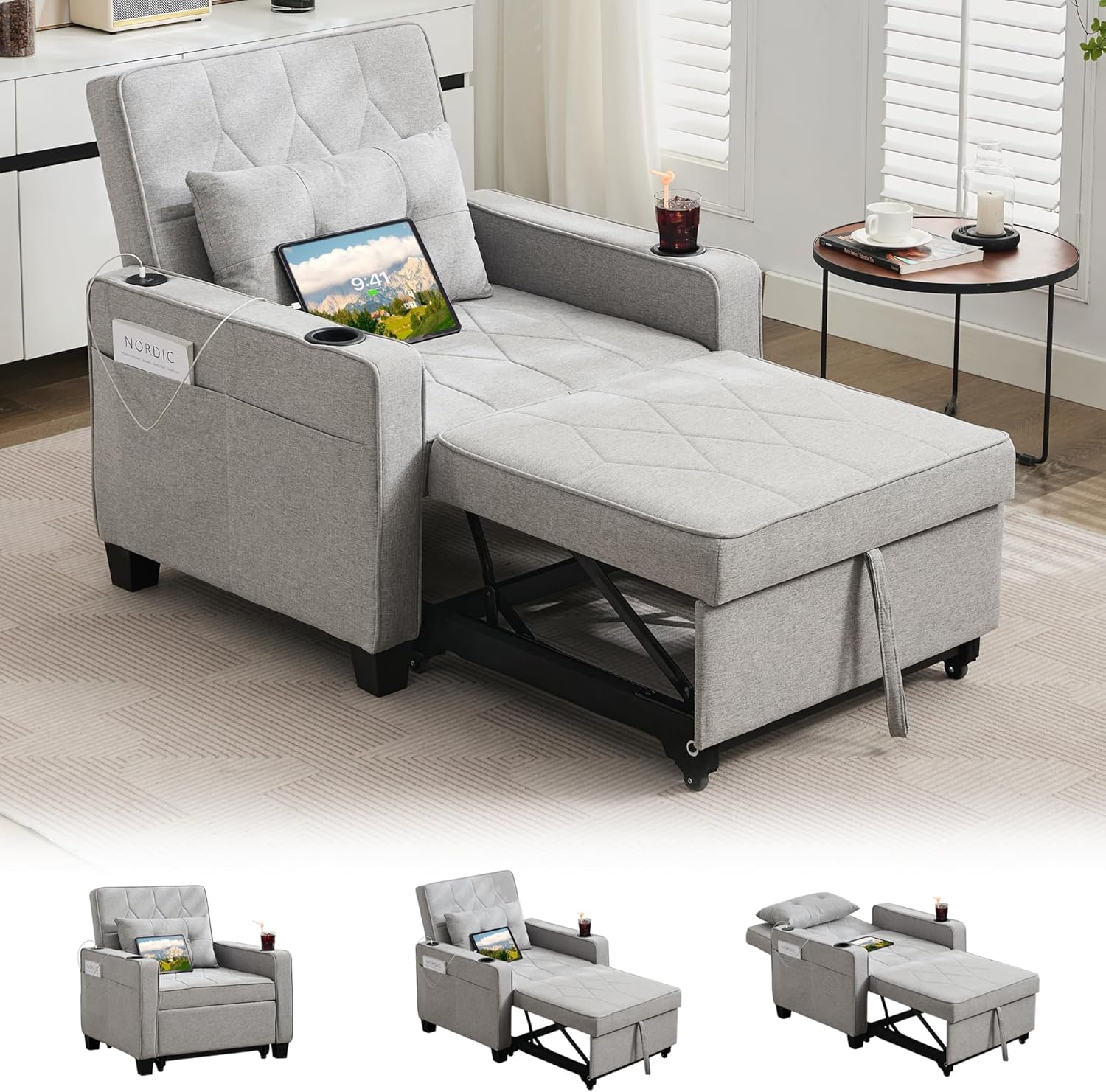 Adult Convertible Sleeper Chair Bed 3-in-1 Pull-Out Sofa Bed with USB/Type-C Ports Cup Holders wourant