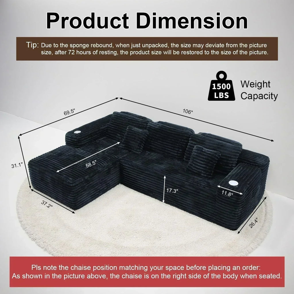 Cloud Sectional Couch with L Shape Chaise Modern Modular Sofa with Deep Seat Built in Cup Holder wourant