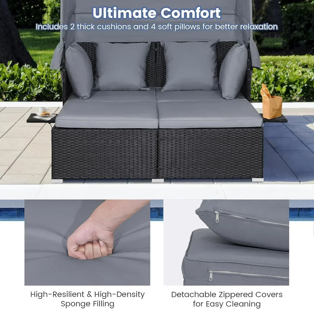 RELAX4LIFE Patio Outdoor Daybed with Canopy Wicker Sunbed Cushions 4 Pillows wourant