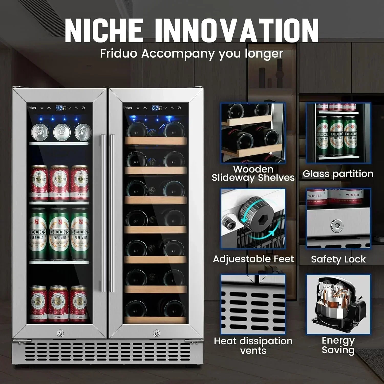 24 inch Dual Zone Beverage Refrigerator 30 Bottles 82 Cans Wine Fridge Built-in or Freestanding wourant