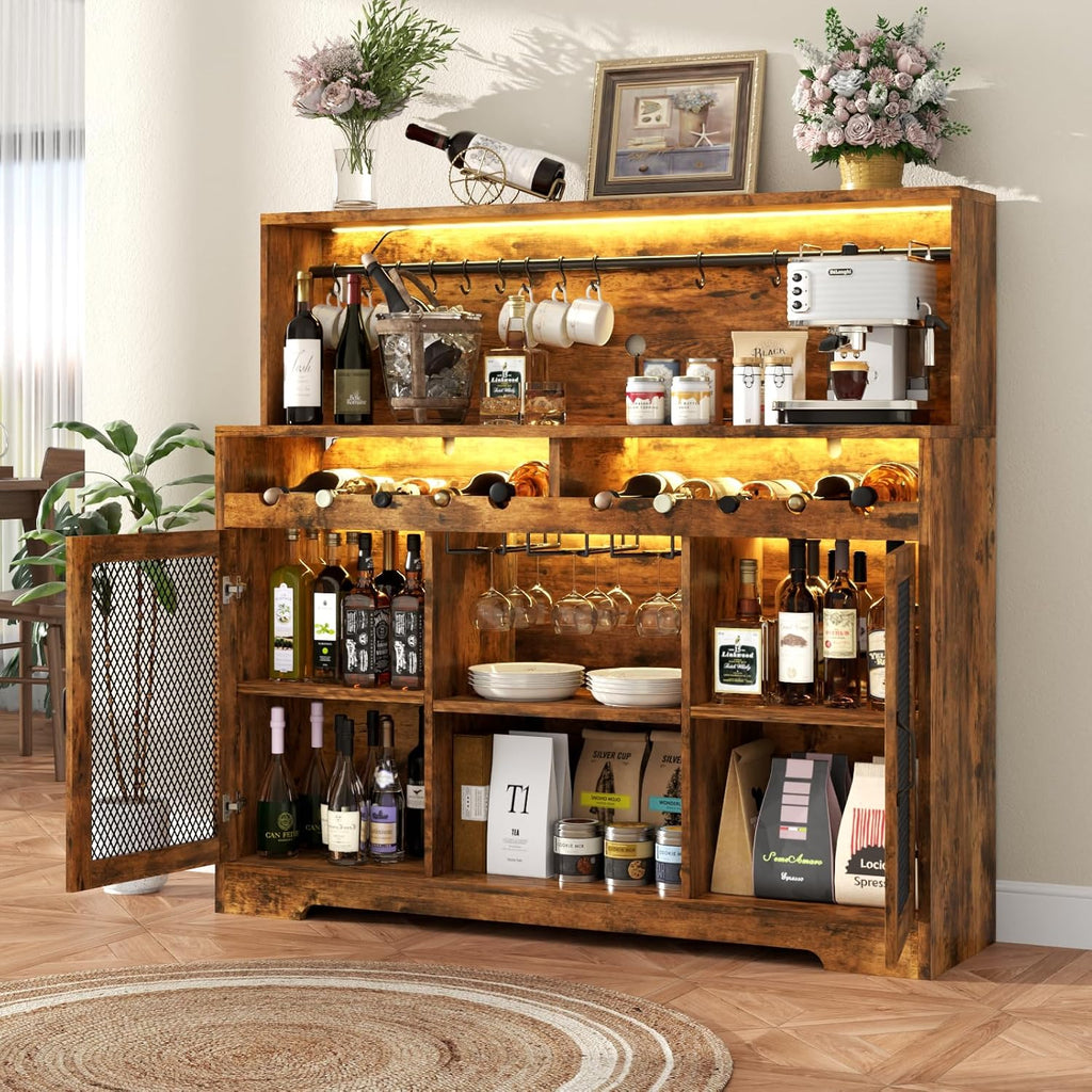 Wine Bar Cabinet with LED Light Liquor Cabinet with Glass Holder Coffee Bar for Liquor wourant