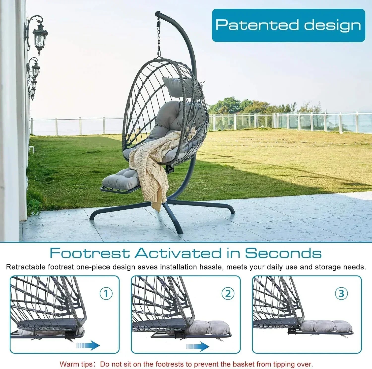 Hanging Egg Chair with Stand and Leg Rest Rattan Wicker Swing Hammock Chair UV-Resistant Cushion wourant