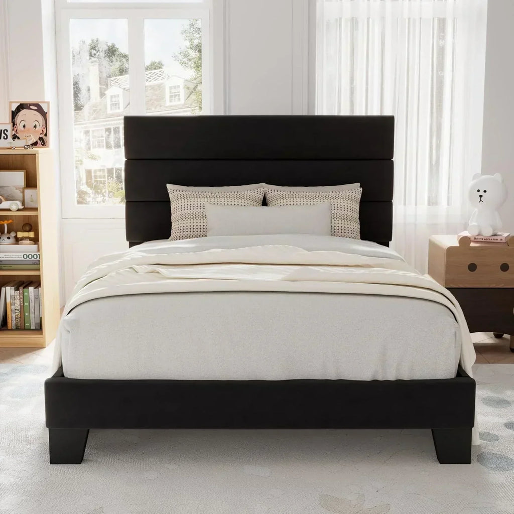 Allewie Queen Size Platform Bed Frame with Fabric Upholstered Headboard Wooden Slats Support wourant