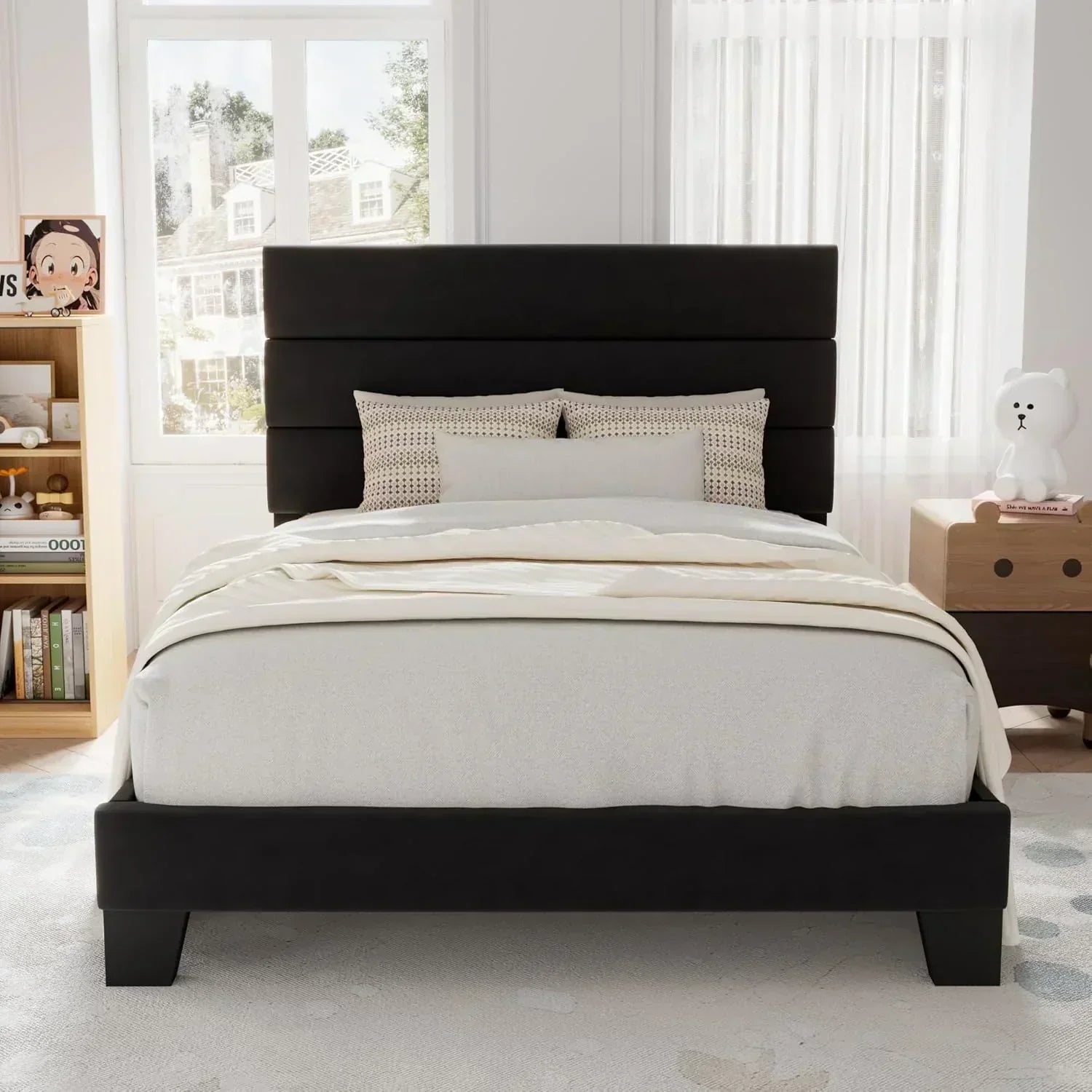 Allewie Queen Size Platform Bed Frame with Fabric Upholstered Headboard Wooden Slats Support wourant
