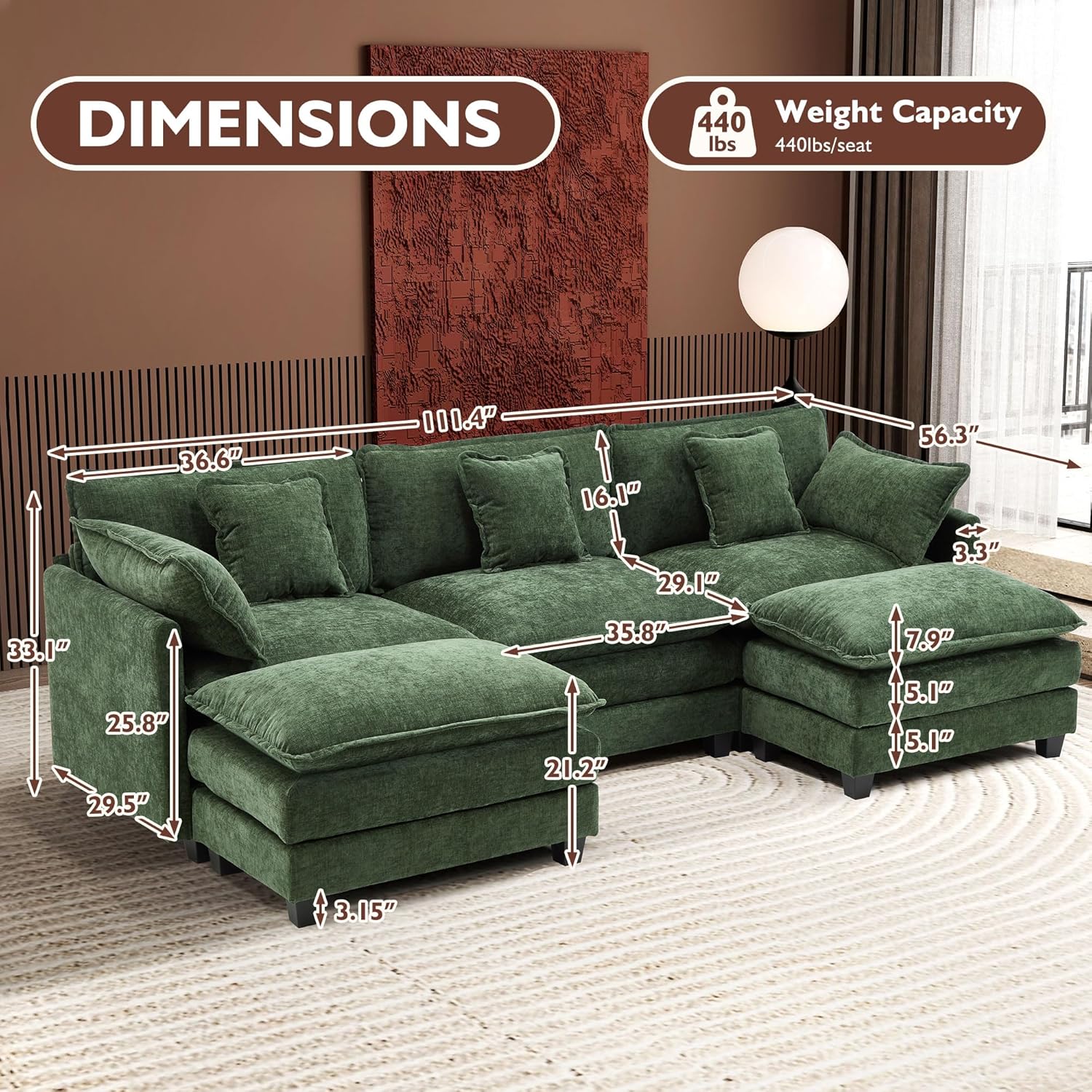 111.4 Inch L Shaped Modern Sofa Modular Cloud Sofa with Ottoman 4 Seater Chenille Deep Seat Sofa wourant