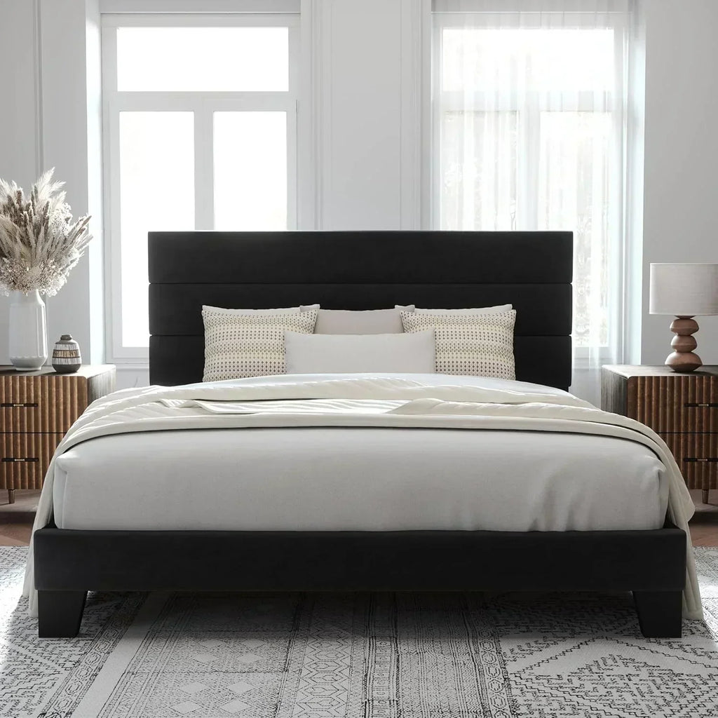 Allewie King size platform bed frame with velvet upholstered headboard and planks wourant