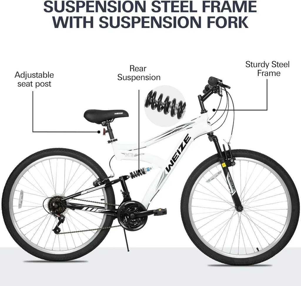WEIZE Mountain Bike 26 27.5 inch Outdoor Hybrid Bikes 18-Speed High-Carbon Steel Full Suspension wourant