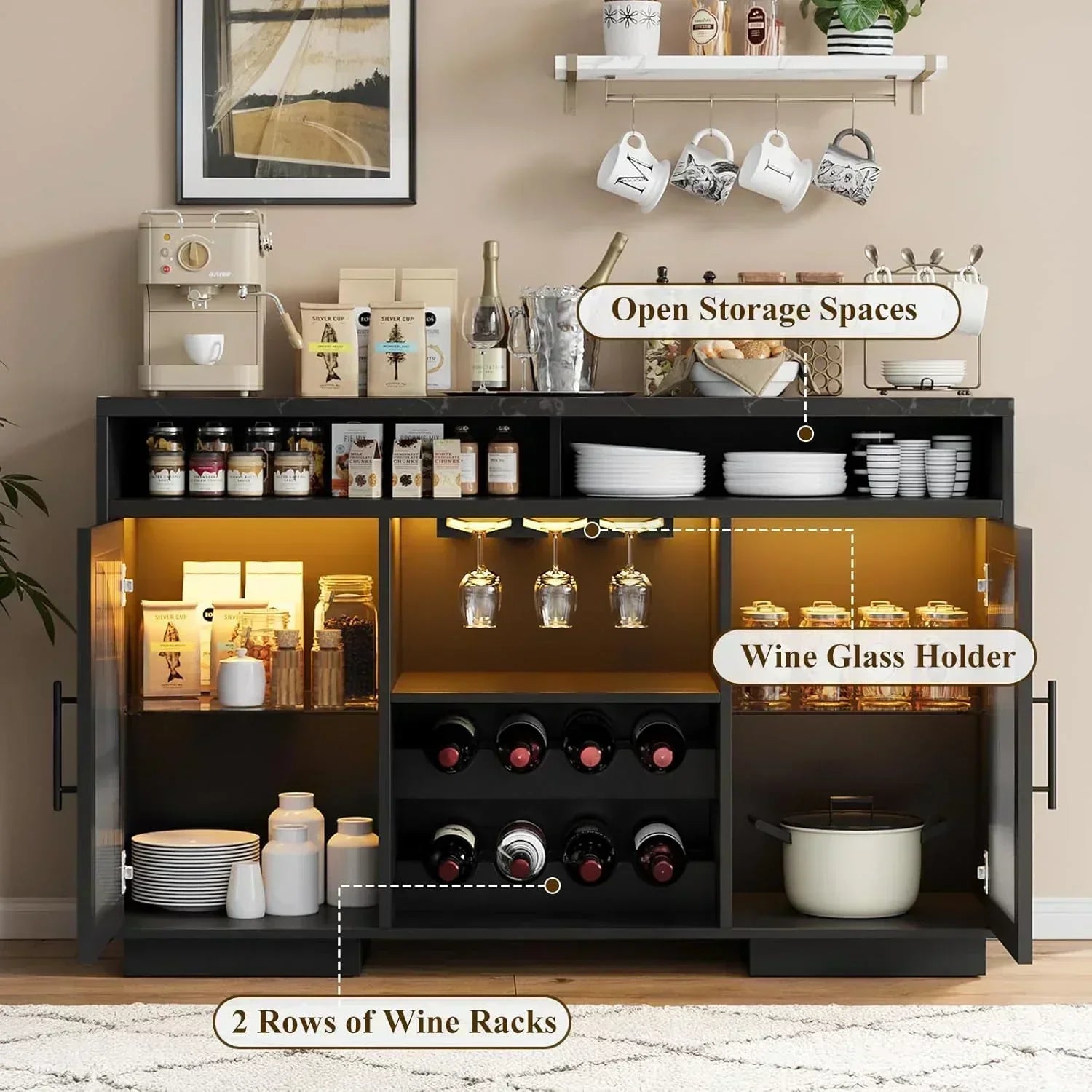 Sideboard 54-inch kitchen cabinet with LED lights and arched glass doors tall bar cabinet wourant
