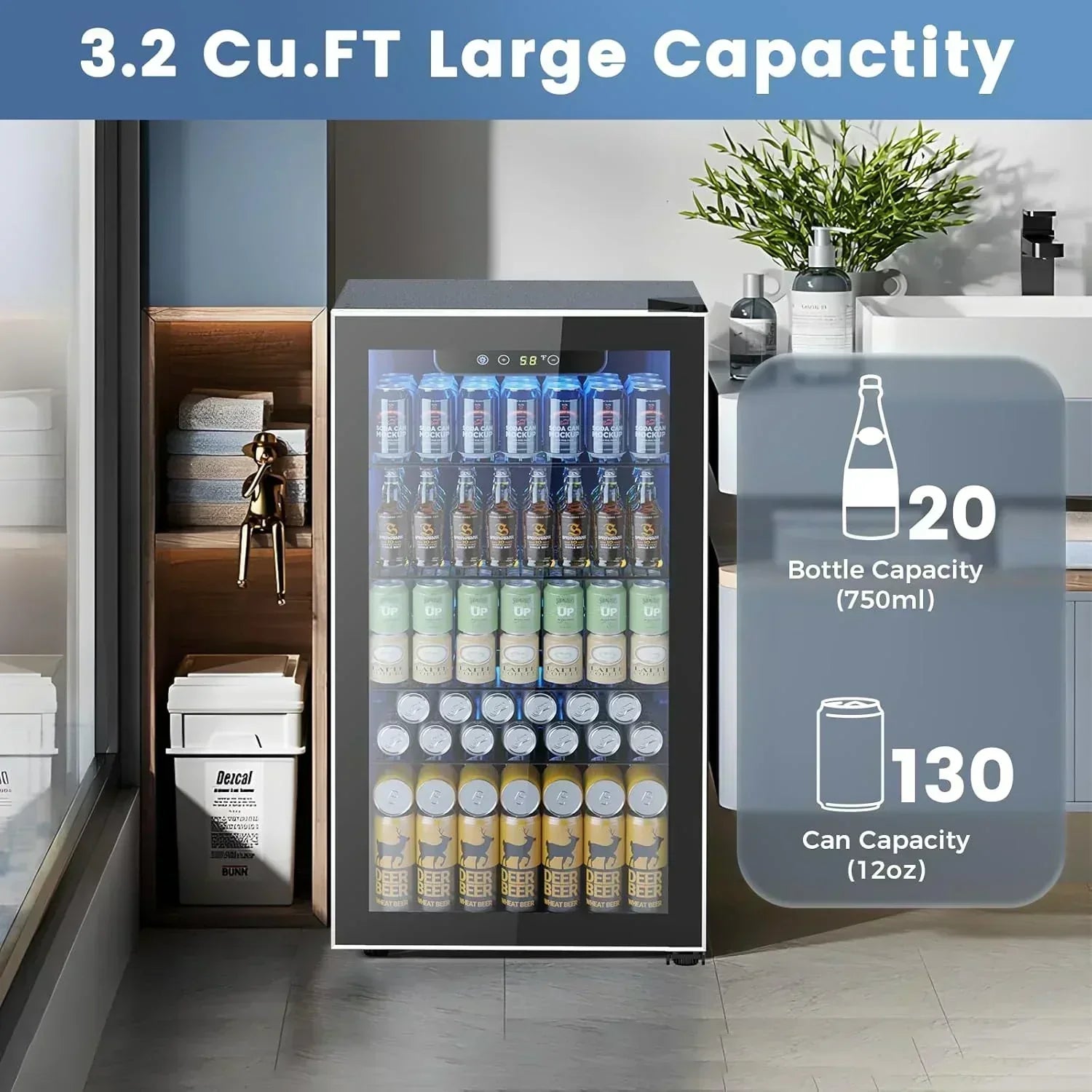 Mini Fridge 130 Can Beverage Refrigerator Cooler Drink Fridge Adjustable Temperature Control wourant