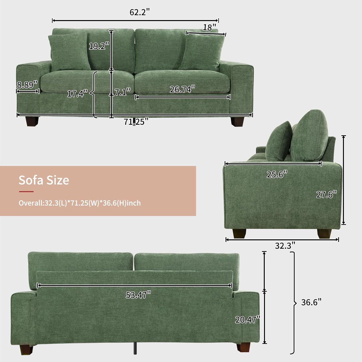 DOPEDIO living room double sofa chenille lounge chair removable solid wood frame wourant