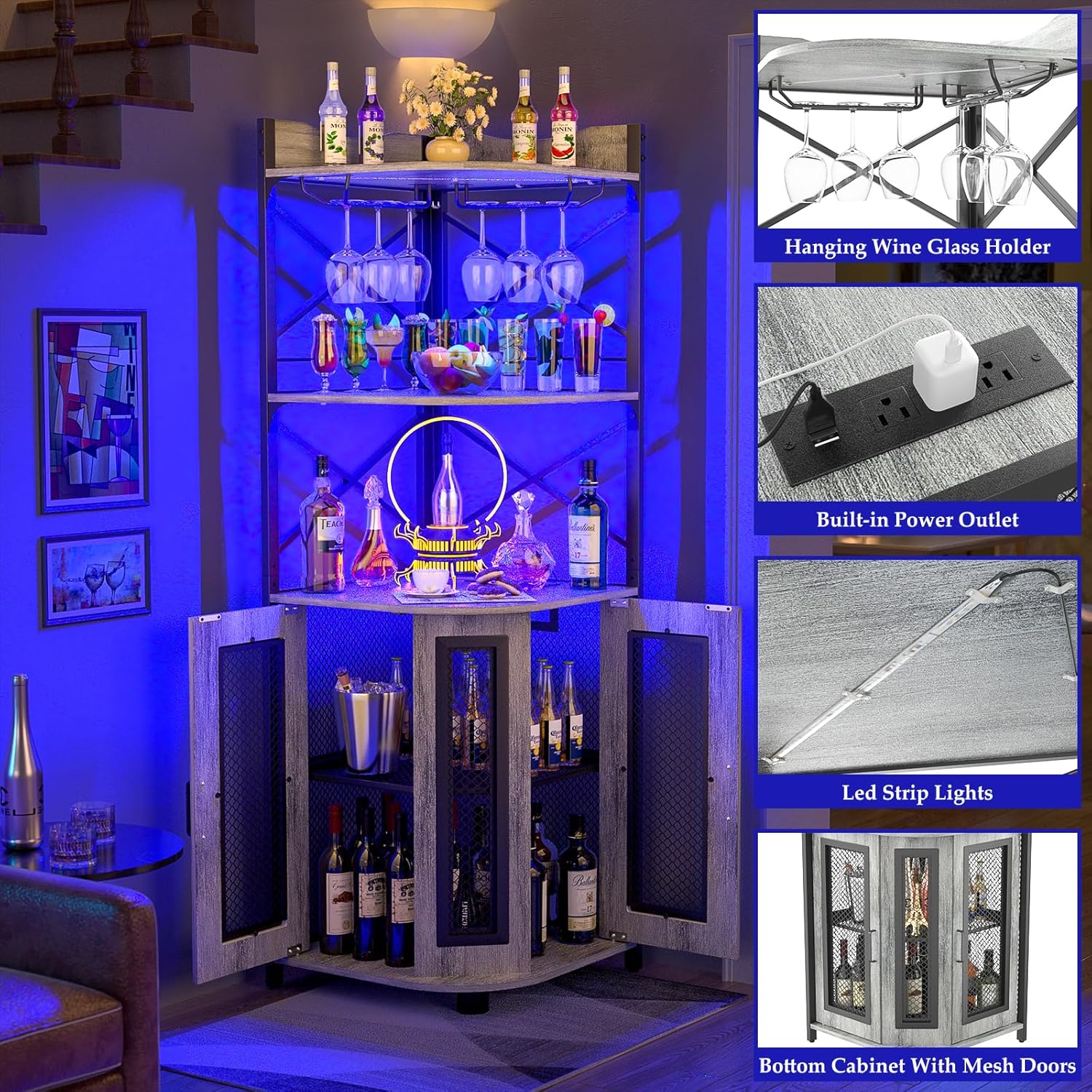 Corner bar cabinet with power socket industrial style wine cabinet light strip and glass rack wourant