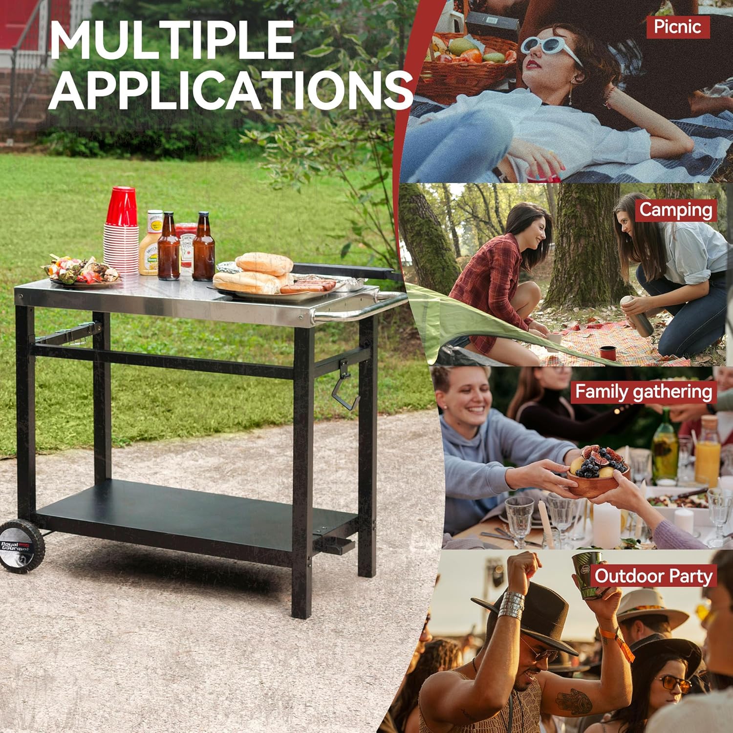 Royal Gourmet Dining Cart Table with Double-Shelf Movable Stainless Steel Flat Top Grill Cart wourant