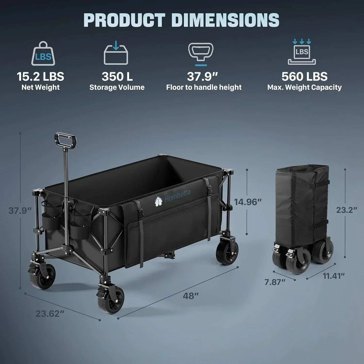 48" Extra Large Folding Travel Cart 560 lb Capacity 350 L Heavy Duty Utility Cart with Brakes wourant