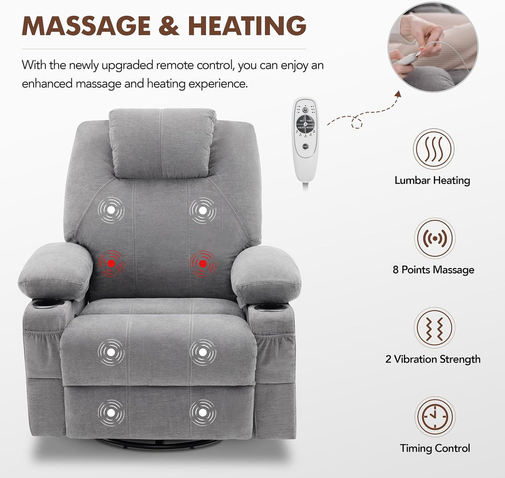 Large Swivel Rocking Recliner with Massage Function 360 Degree Swivel Rocking Single Sofa wourant