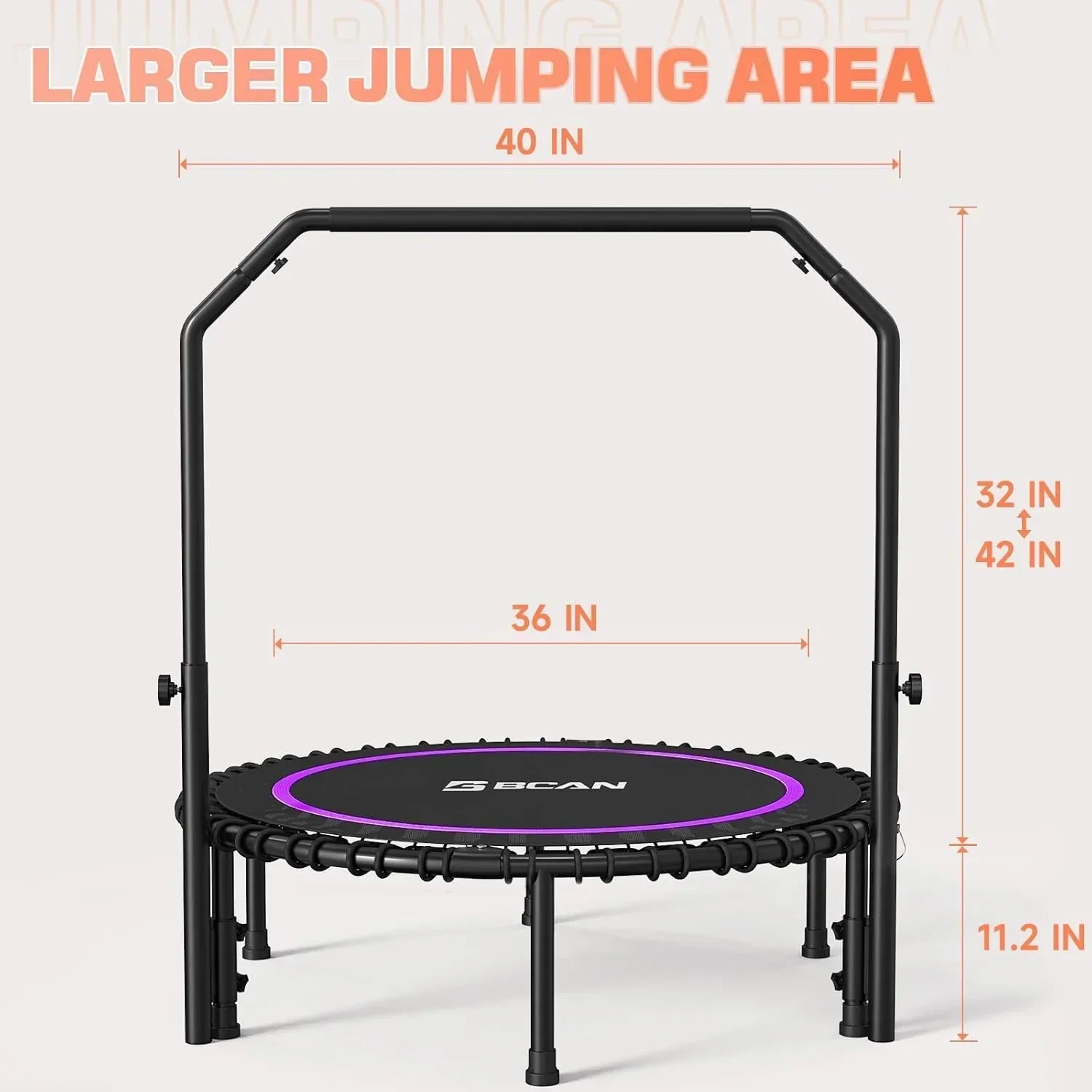 BCAN 450/550 LBS Foldable Mini Trampoline Fitness Trampoline Bungees Adjustable Foam Handle wourant