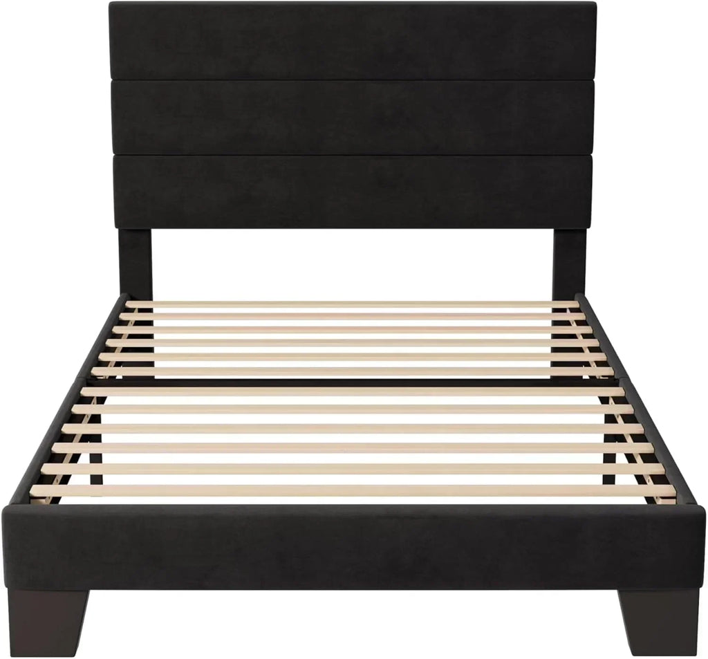 Allewie Queen Size Platform Bed Frame with Fabric Upholstered Headboard Wooden Slats Support wourant