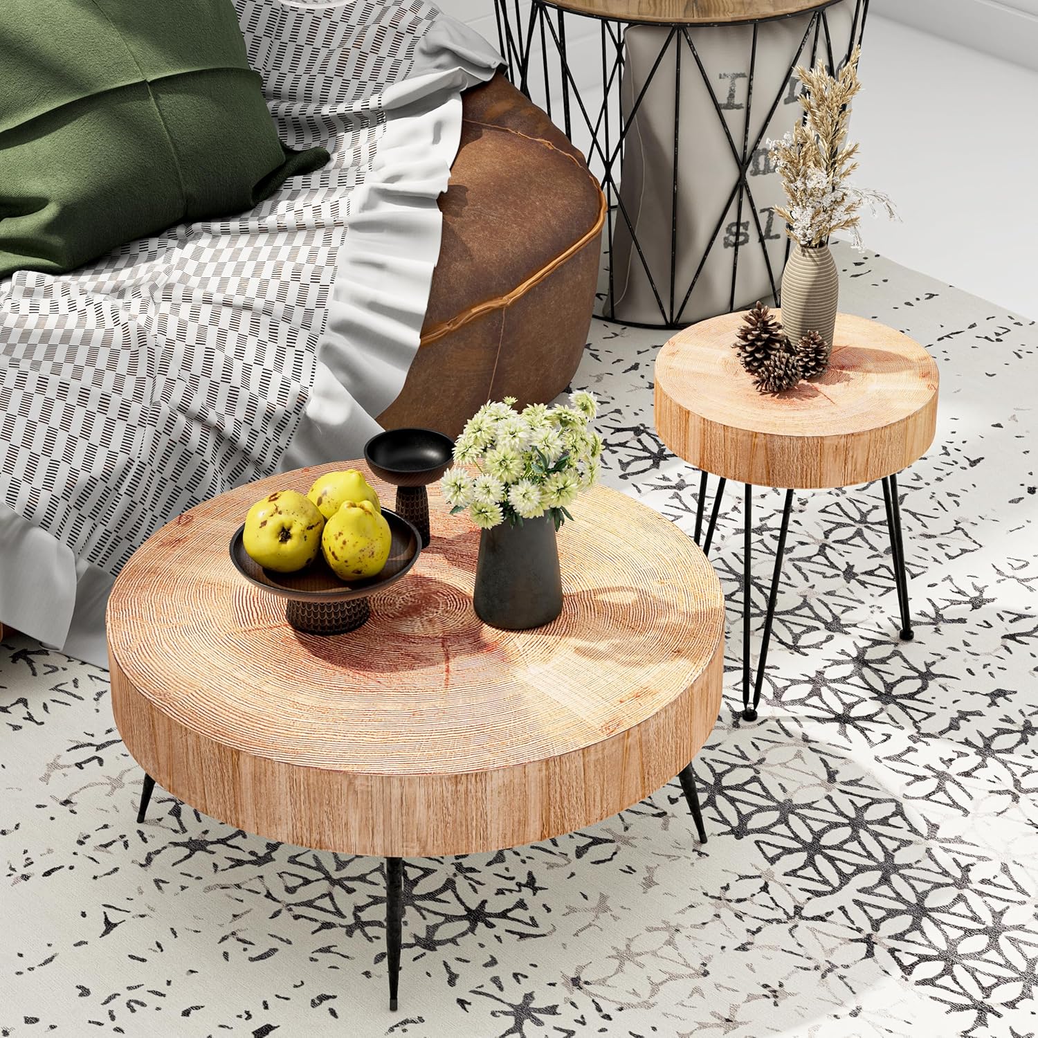 Two-Piece Modern Farmhouse Living Room Coffee Table Set Round Nesting Tables wourant