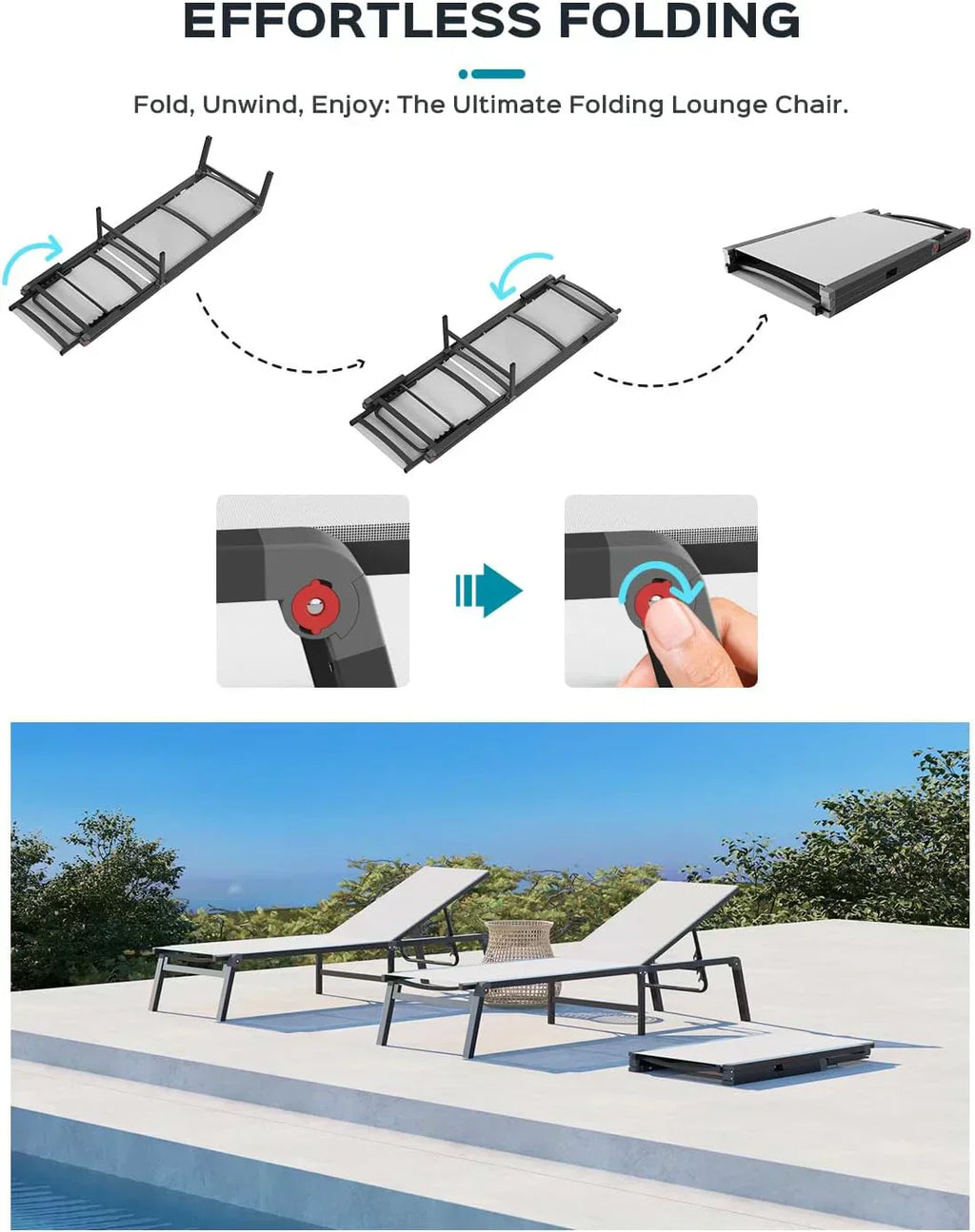 Aluminum Chaise Lounge Outdoor Foldable Assemble Free Outdoor Lounge Chair 5 Adjustable Backrest wourant