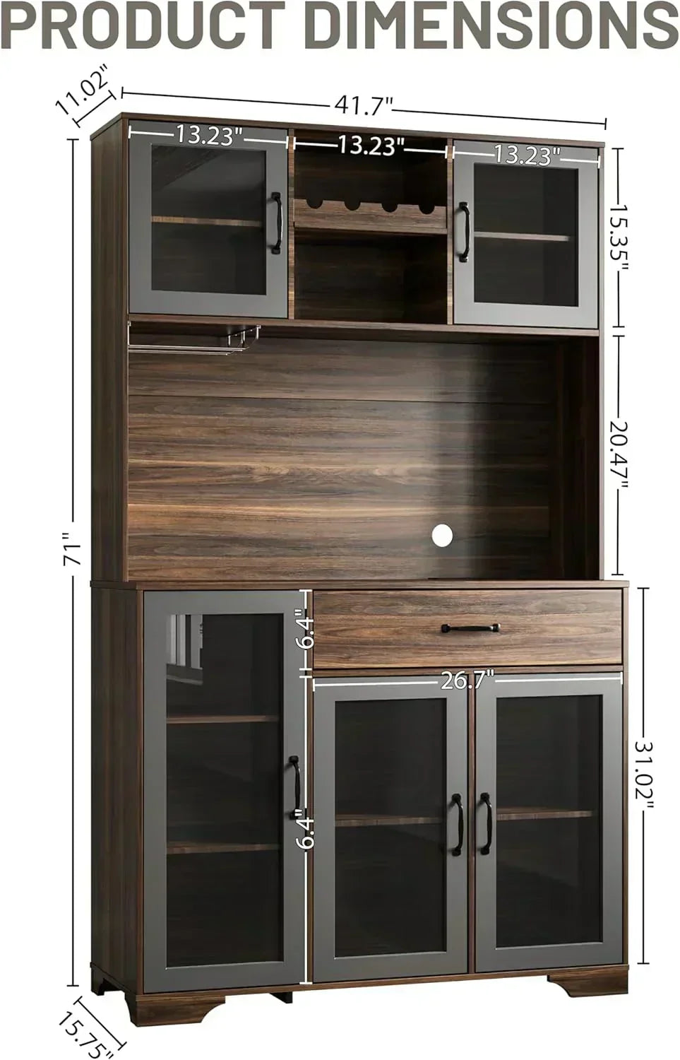 Kitchen Hutch Pantry Cabinet 71" Tall with Glass Doors wourant