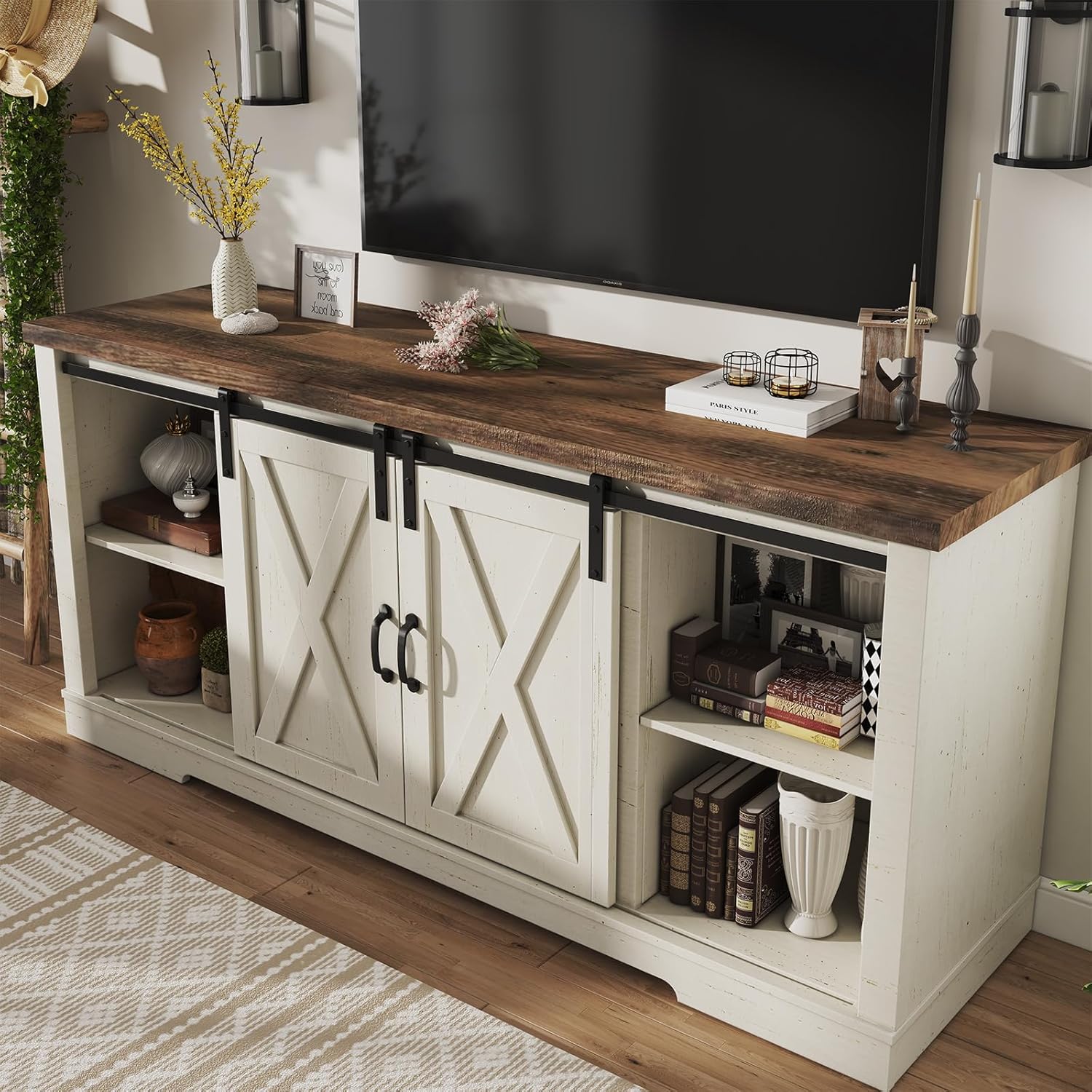 AMERLIFE Fireplace TV Stand with Sliding Barn Door  Farmhouse 63" Fireplace Entertainment Center wourant