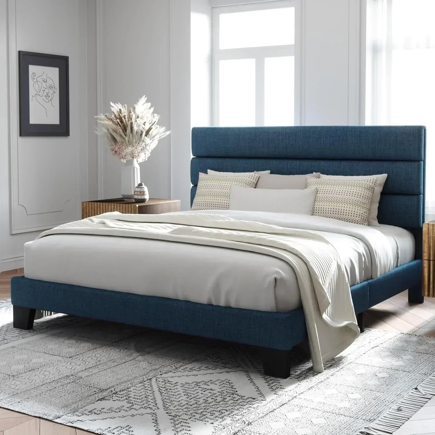 Allewie Queen Size Platform Bed Frame with Fabric Upholstered Headboard Wooden Slats Support wourant