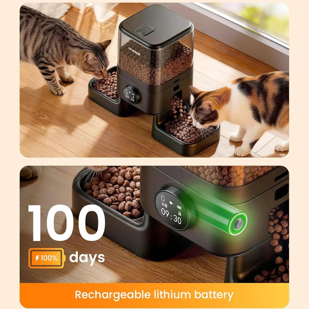Cordless Automatic Cat Feeder for 2 Cats 5L Dual Bowl WiFi App 100-Day Battery anfaavocat