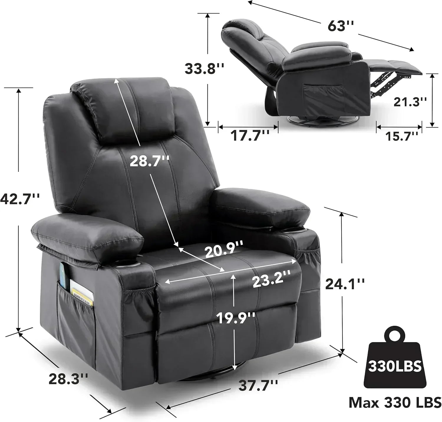 Large Swivel Rocking Recliner with Massage Function 360 Degree Swivel Rocking Single Sofa wourant