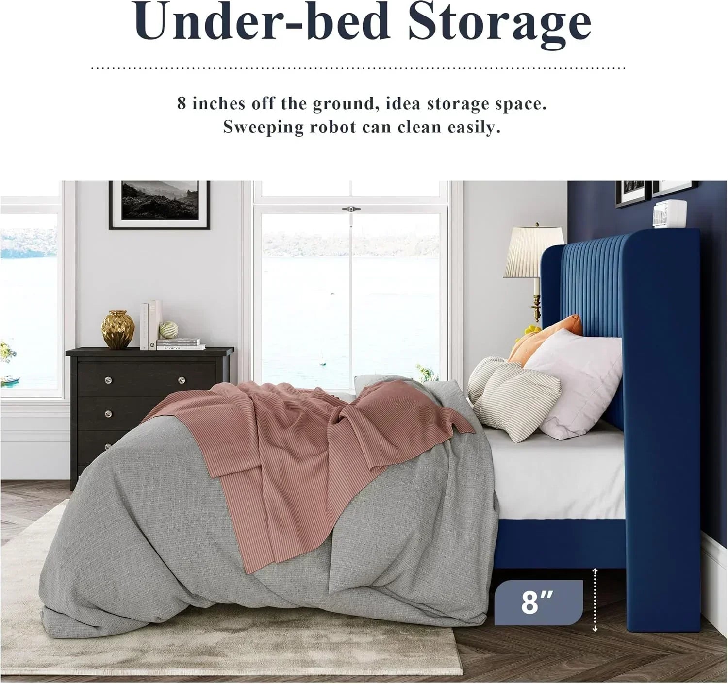 Allewie Full Size Velvet Bed Frame Vertical Channel Tufted Wingback Headboard Upholstered Bed wourant