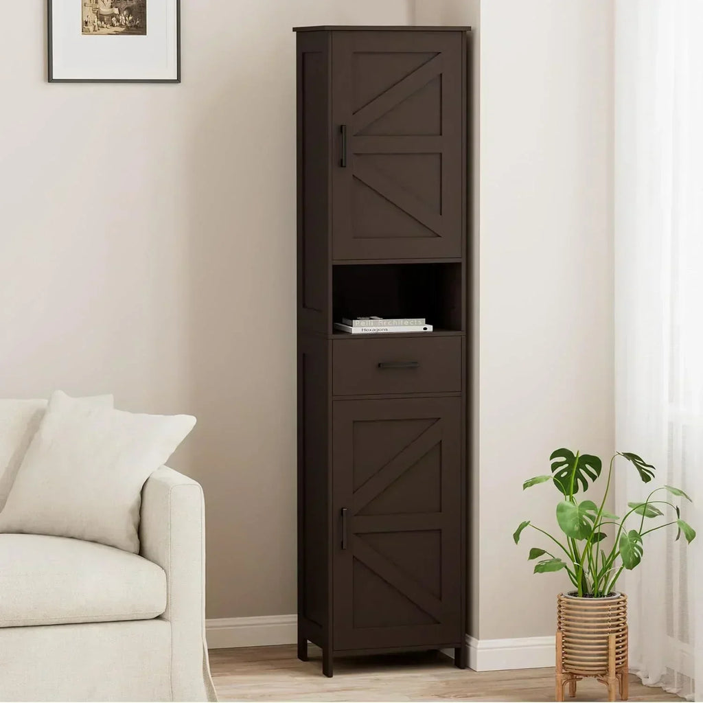 Homhedy 67" H Tall Bathroom Storage Cabinet with 2 Barn Doors and 1 Drawer Narrow Storage Unit wourant