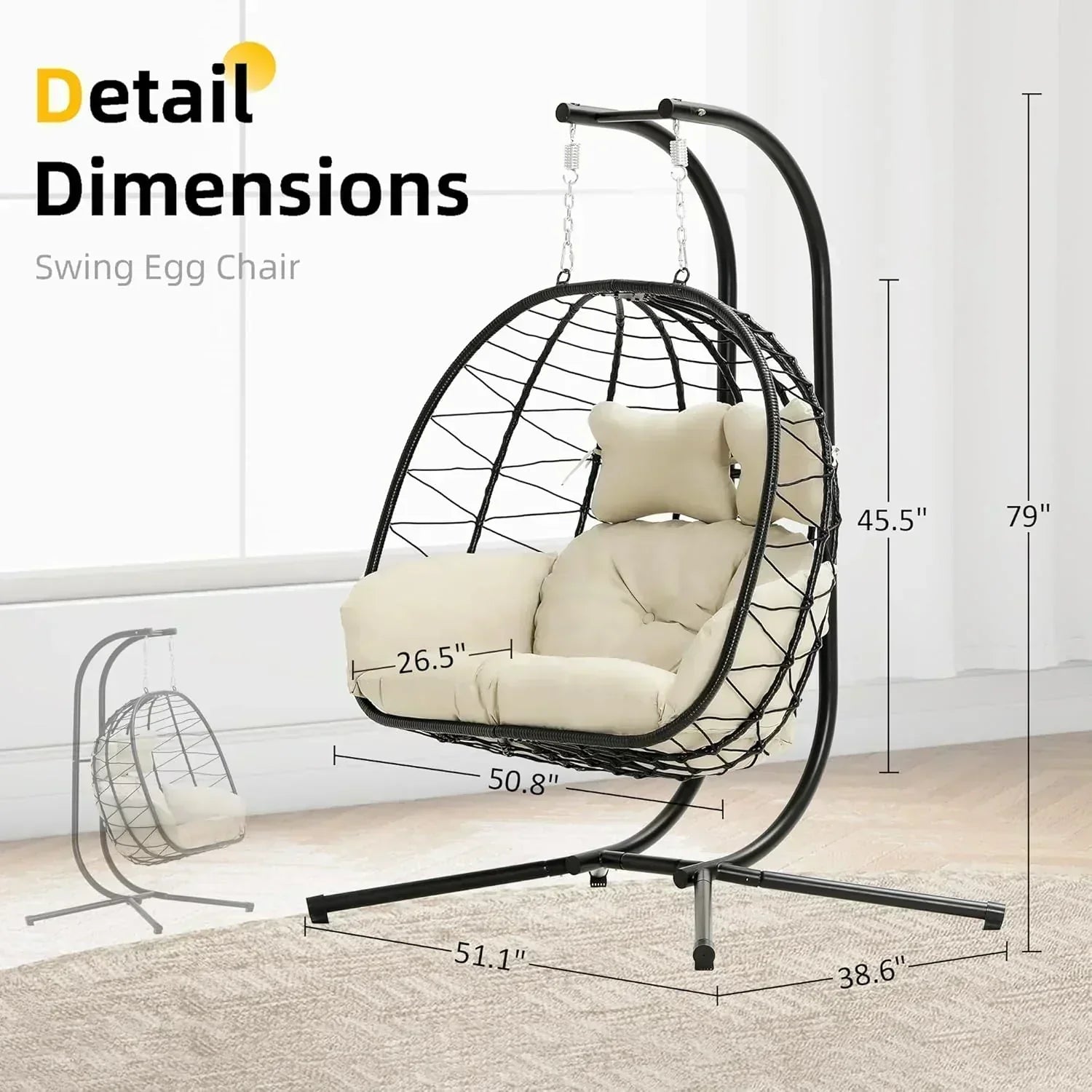 Double Egg Chair wth Stand Hammock Swing Chair Foldable Hanging Loveseat UV Resistant wourant
