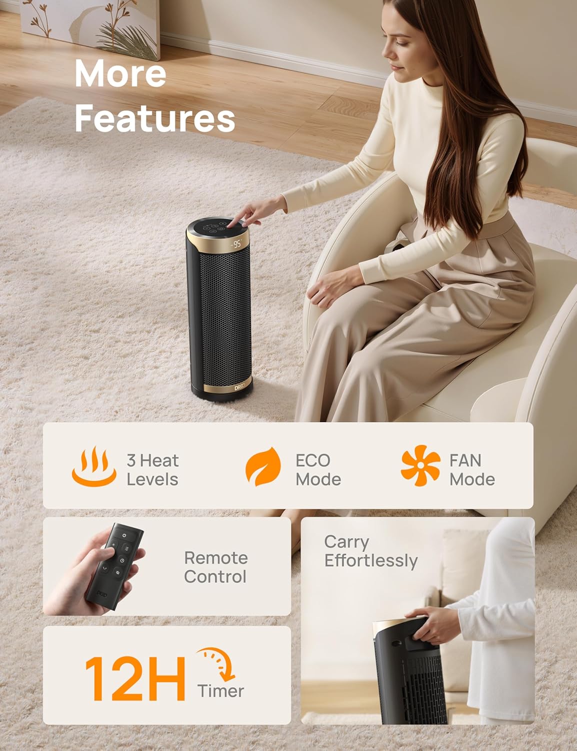 Dreo Space Heater, 1500W Electric Heaters for Indoor Use with Thermostat, 70° Oscillation, 8 Safety Protections, 5 Modes, Remote, 12H Timer, Quiet Portable Heater for Office, Bedroom, Large Room wourant