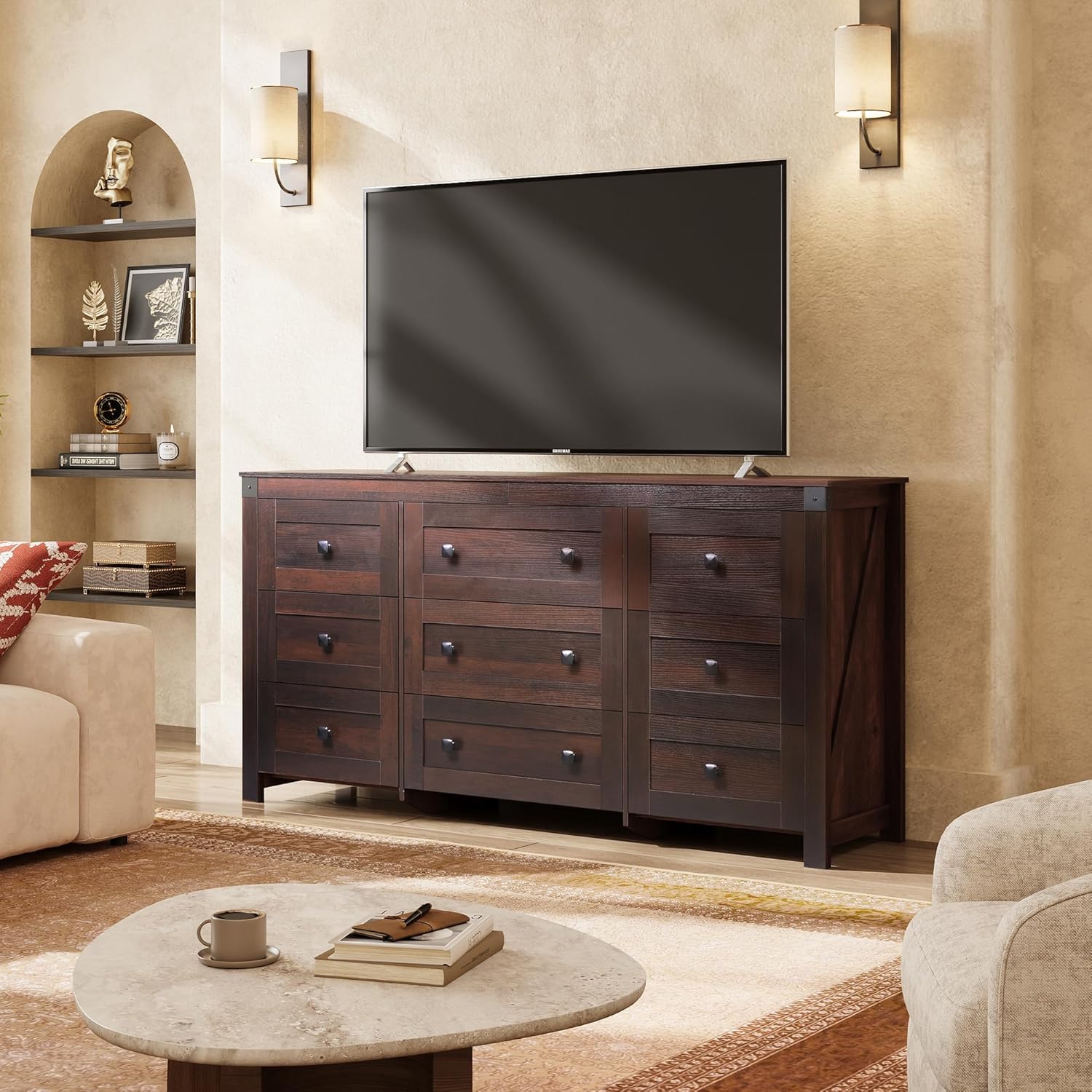 9 Drawer Led Dresser for Bedroom, 58.35'' Wide Wood Dresser Storage Organizer with Power Outlets for 65'' TV, Dressers with Open Shelves wourant