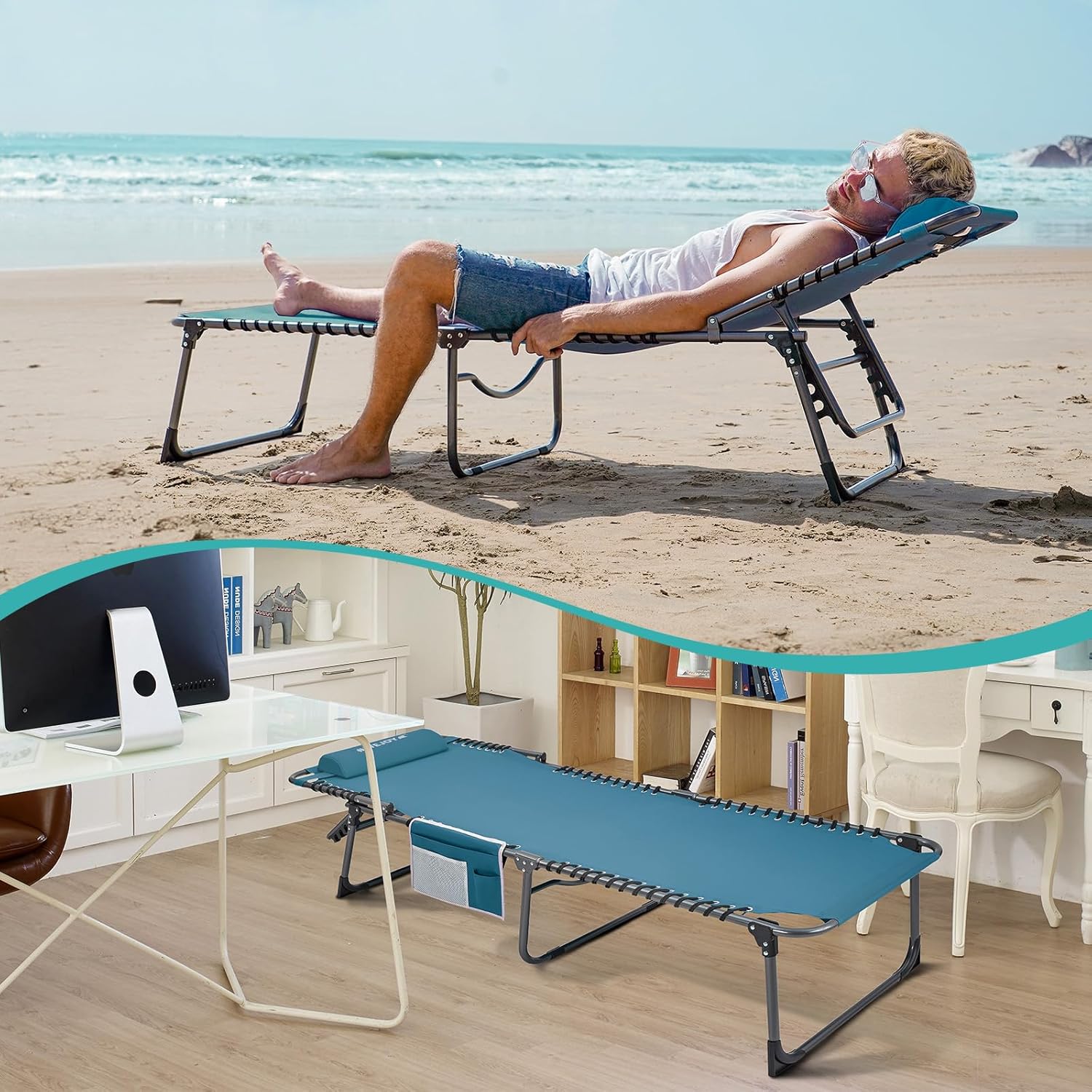 2 Pack Outdoor Chaise Lounge Chair - Portable Folding Patio Pool Lounge Chair, 5 Positions Adjustable Reclining Camping Chair with Side Table,Shoulder Strap, Pillow for Beach Sunbathing Lawn wourant