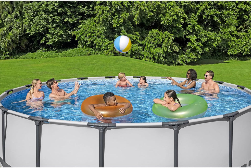 Steel Pro MAX 14 Foot x 48 Inch Round Metal Frame Above Ground Outdoor Swimming Pool Set with 1,000 Filter Pump, Ladder, and Cover, Gray wourant